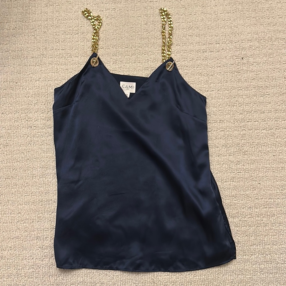 Blue silk NYC cami with gold chain straps